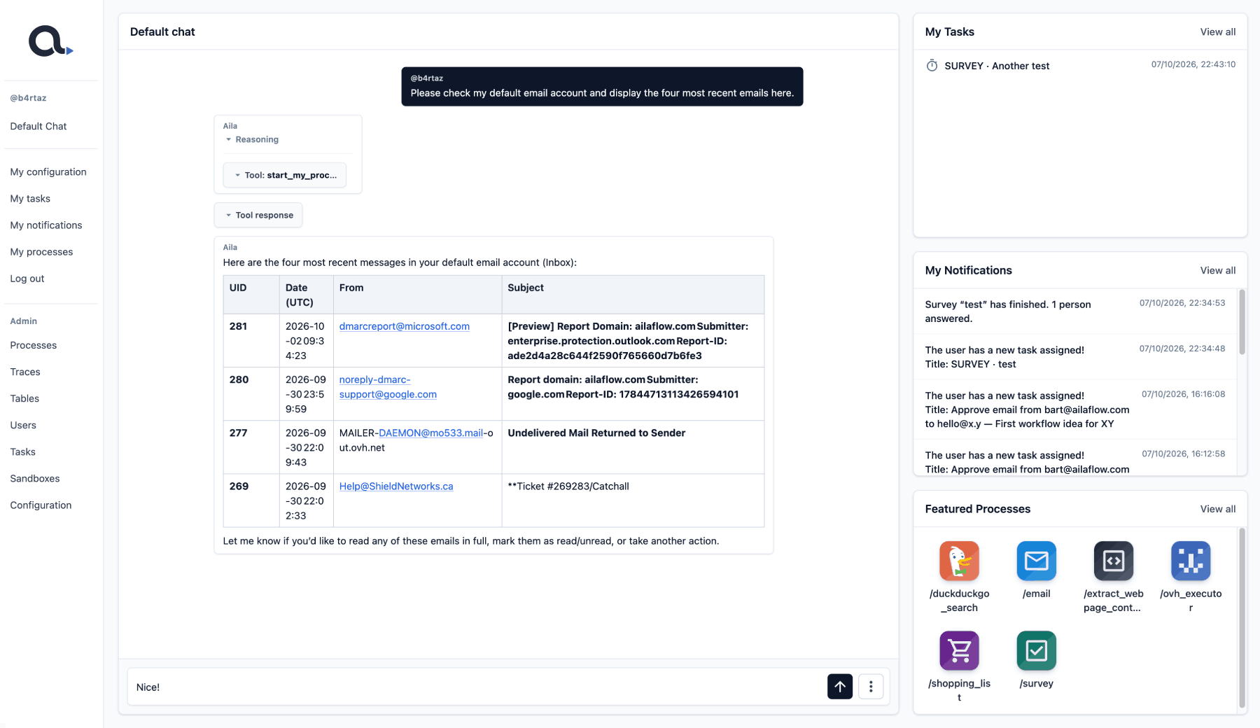 AilaFlow email inbox open as an interactive tool inside the team workspace