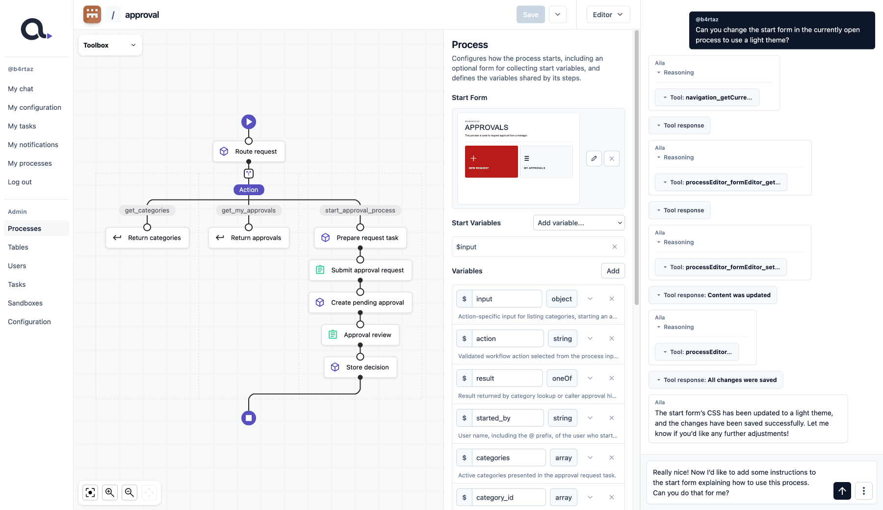 AilaFlow workspace showing processes, conversations, and shared tools